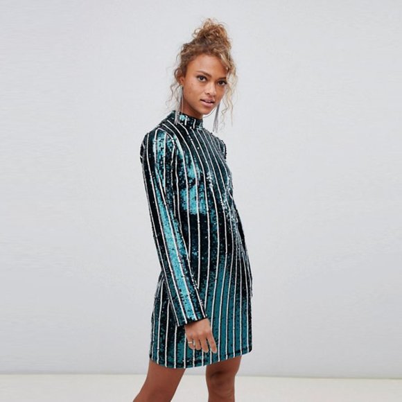 ASOS Dresses & Skirts - New Look High-Neck Mini Striped Sequin Dress, Sz 4